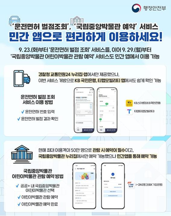 행정안전부, '운전면허 벌점조회', '국립중앙박물관 예약' , 민간 앱으로 편리 이용 기사 이미지