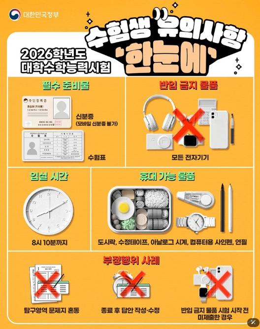 문화체육관광부 , 2026학년도 수능, 수험생 유의사항 '한눈에' 기사 이미지